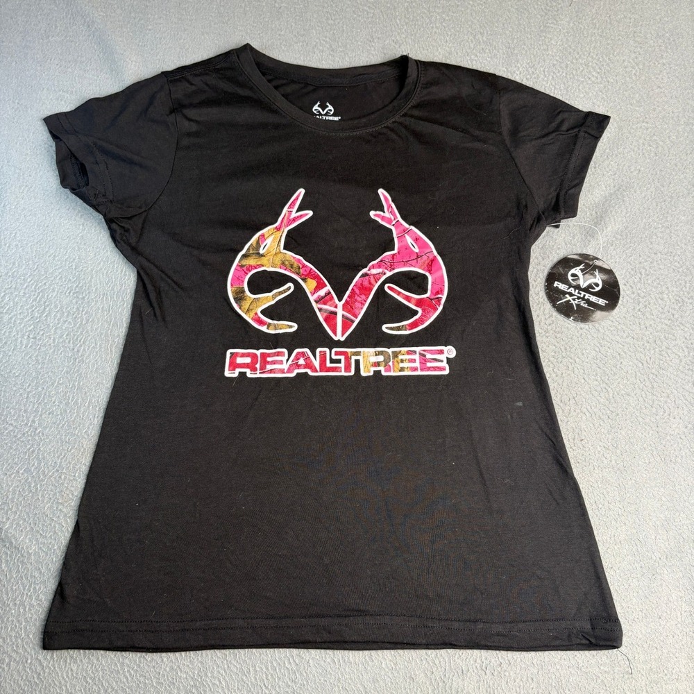 Realtree Xtra Womens Graphic T-Shirt Black Pink Camo Antler Logo Large NEW